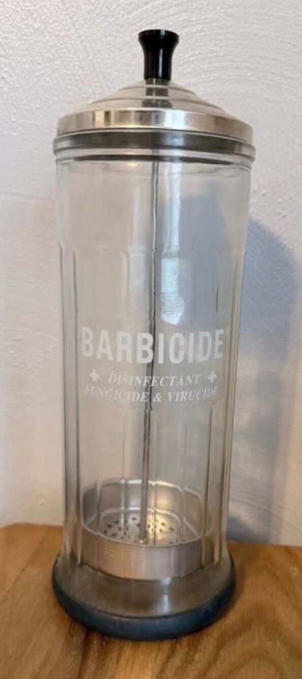 Vintage Barbicide Large Glass Disinfectant Jar with Stainless Steel Lid 37oz